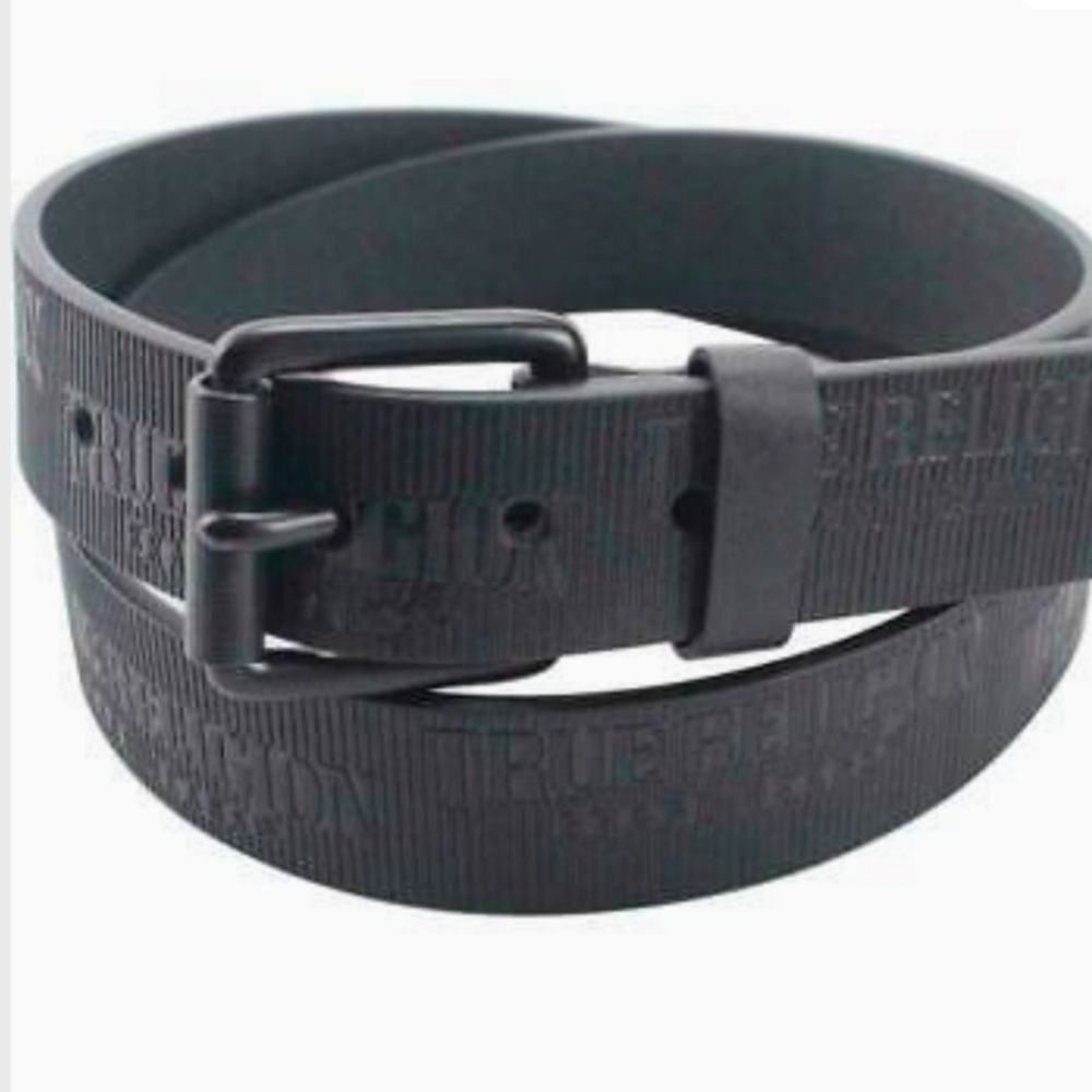 True Religion Van Textured Logo Repeat Roller Buckle Belt Size 36 - 38